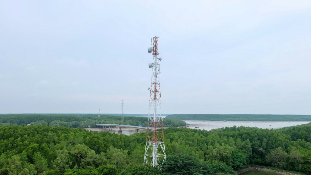 Torre de radiocomunicaciones sobre una gran masa forestal, símbolo de la red de radio del operativo contra incendios
