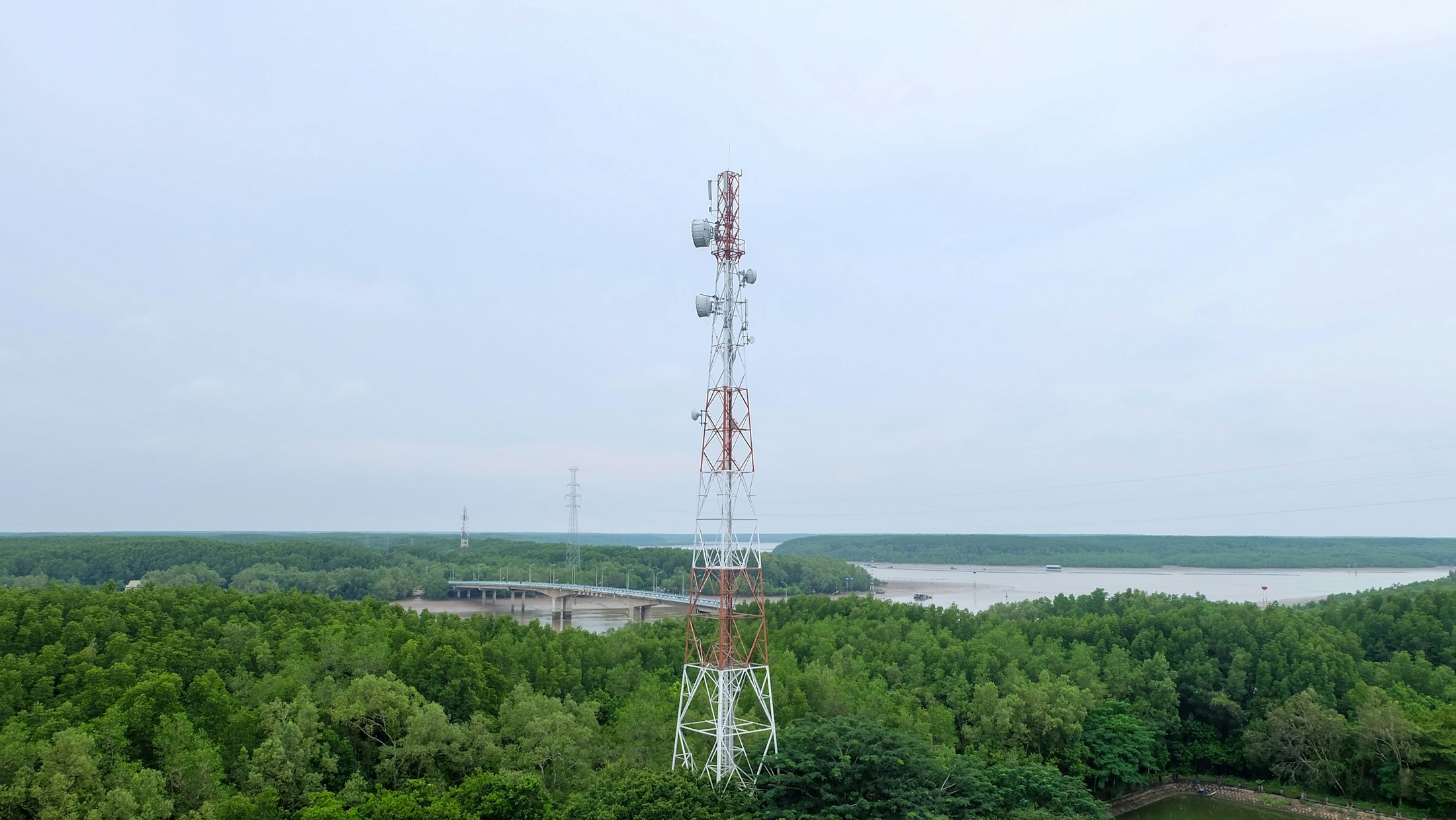 Torre de radiocomunicaciones sobre una gran masa forestal, símbolo de la red de radio del operativo contra incendios
