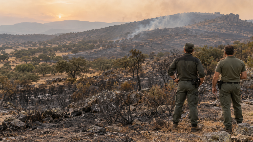 Dos agentes inspeccionan un terreno afectado por un incendio forestal en un paisaje rural de Cáceres