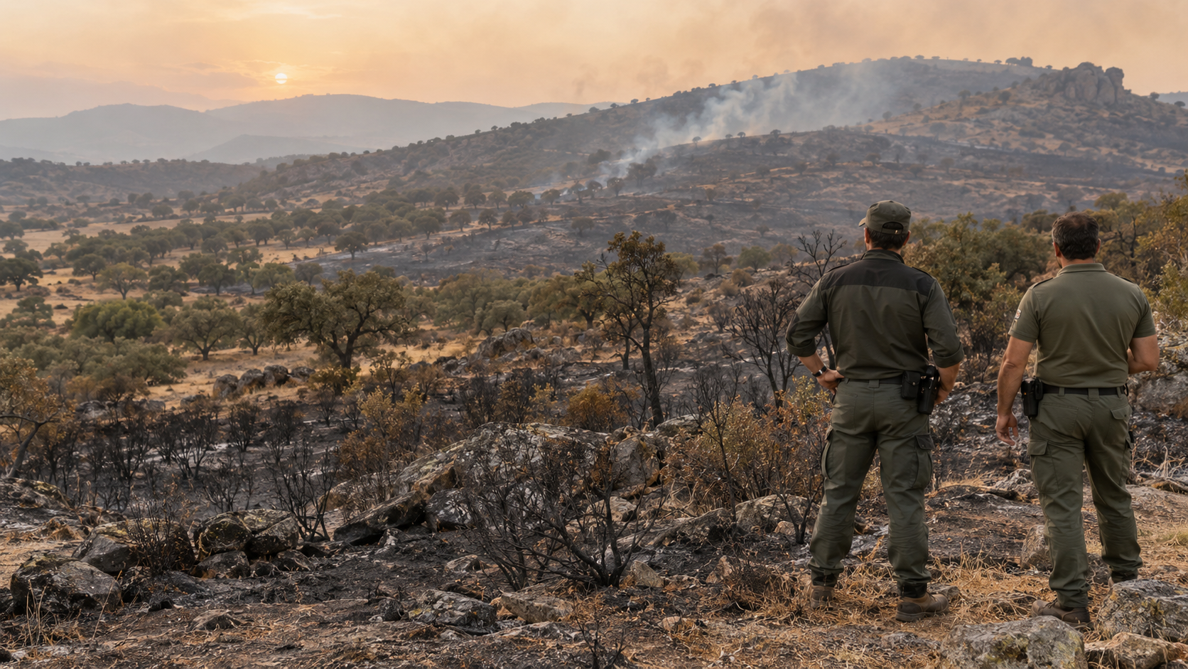 Dos agentes inspeccionan un terreno afectado por un incendio forestal en un paisaje rural de Cáceres