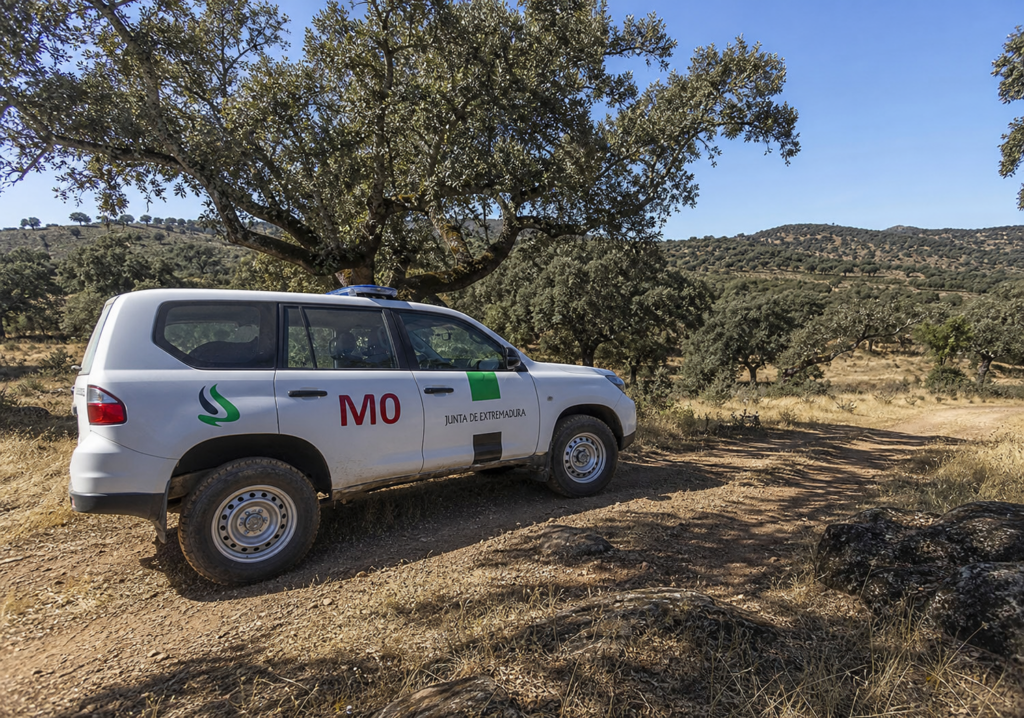 Todoterreno de vigilancia ambiental en una pista forestal seca de Extremadura, imagen realista para ilustrar el trabajo de los Agentes del Medio Natural